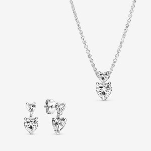 Pandora Double Heart Pendant Sparkling Collier Necklace Kette mit Anhänger Silber | LNIWSXR-73