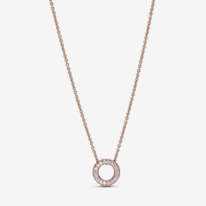 Pandora Logo Pavé Circle Collier Kette mit Anhänger Rosa Gold | MAHUWYR-46