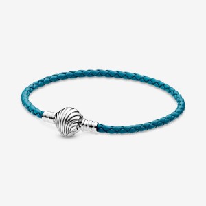 Pandora Moments Seashell Clasp Turquoise Braided Leder Charm Holders Silber | YTVNLMJ-72