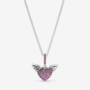 Pandora Pavé Heart & Angel Wings Kette mit Anhänger Silber | JTEKWBF-79