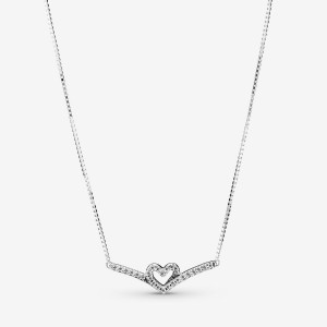 Pandora Sparkling Wishbone Heart Collier Kette mit Anhänger Silber | UQAWOKV-08