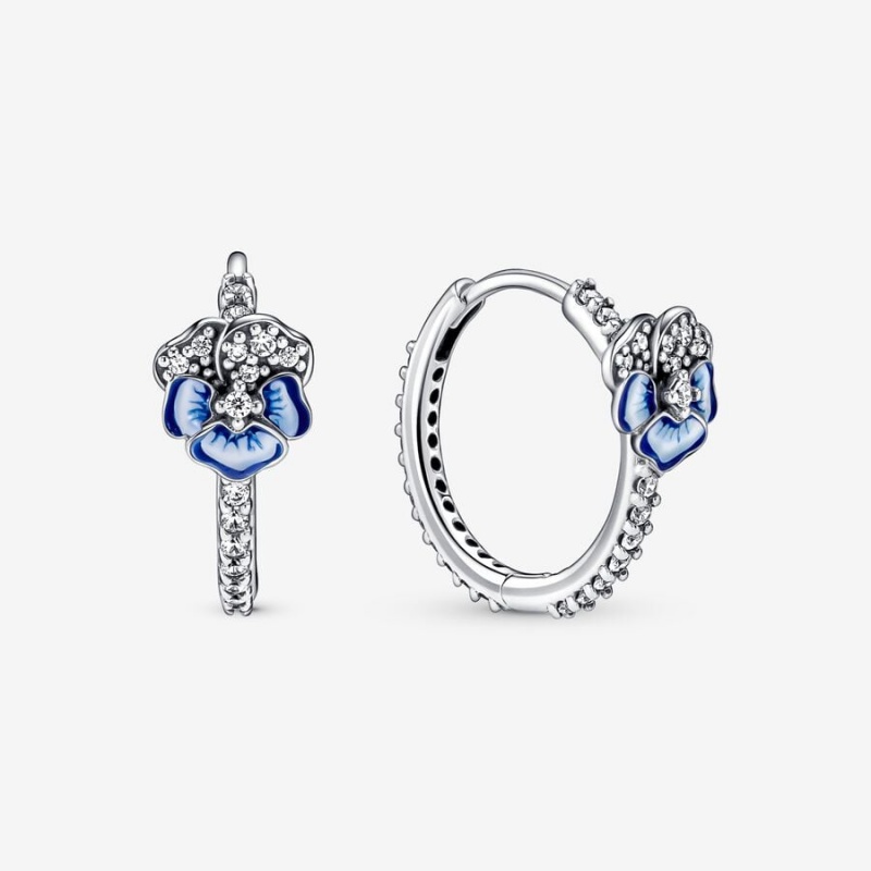 Pandora Blue Pansy Flower Creolen Silber | CXZMVEB-42