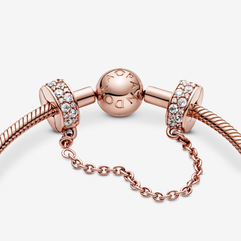 Pandora Clear Pavé Sicherheits Clip Safety Chains Rosa Gold | OSVZPYW-19