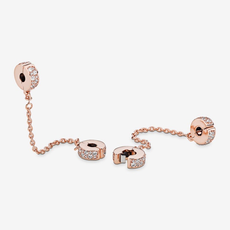 Pandora Clear Pavé Sicherheits Clip Safety Chains Rosa Gold | OSVZPYW-19