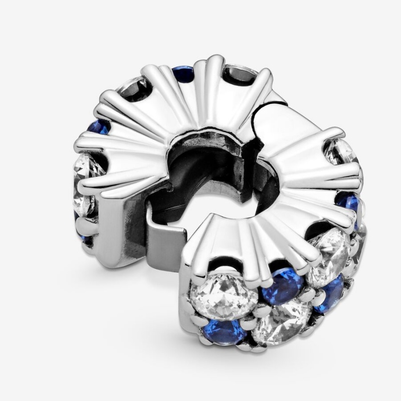 Pandora Clear & Blue Sparkling Clip Klammern Silber | WLFCZYP-93