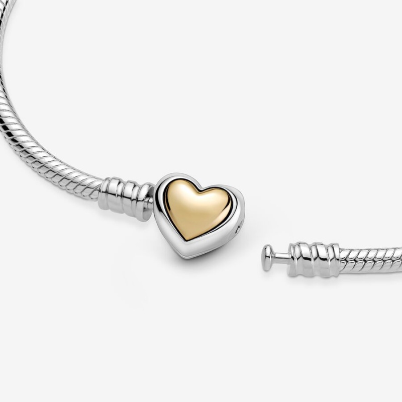 Pandora Domed Golden Heart Clasp Snake Charm Holders Two-tone | DOJWKSV-20