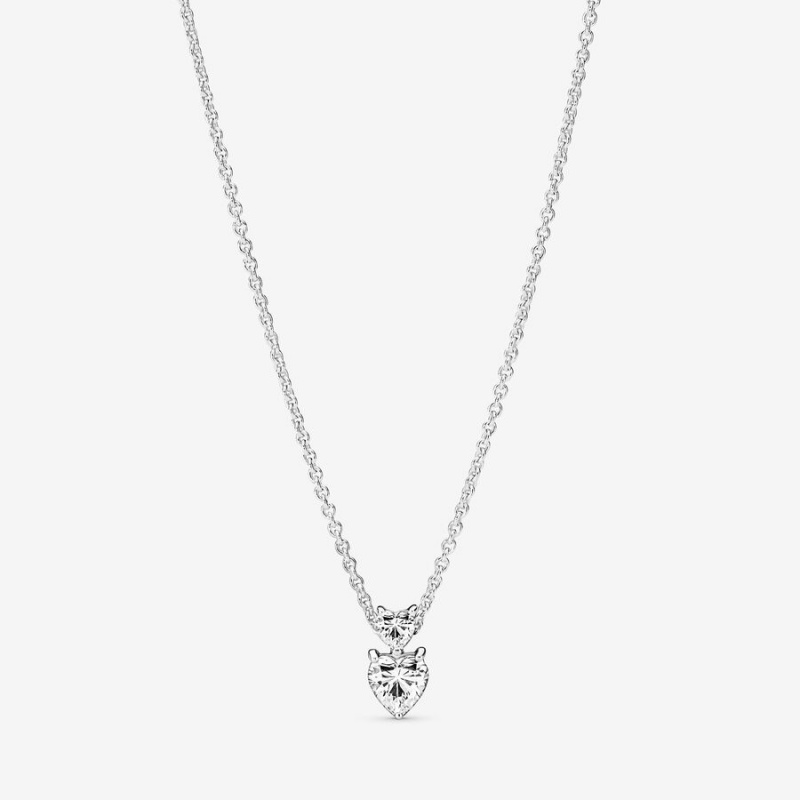 Pandora Double Heart Pendant Sparkling Collier Necklace Kette mit Anhänger Silber | LNIWSXR-73