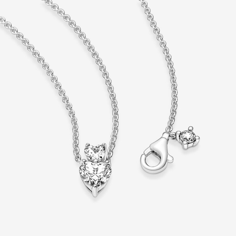 Pandora Double Heart Sparkling Collier Kette mit Anhänger Silber | QILFRUK-16