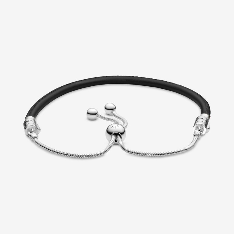 Pandora Moments Black Leder Slider Leather Bracelets Silber | NXQIKYH-10