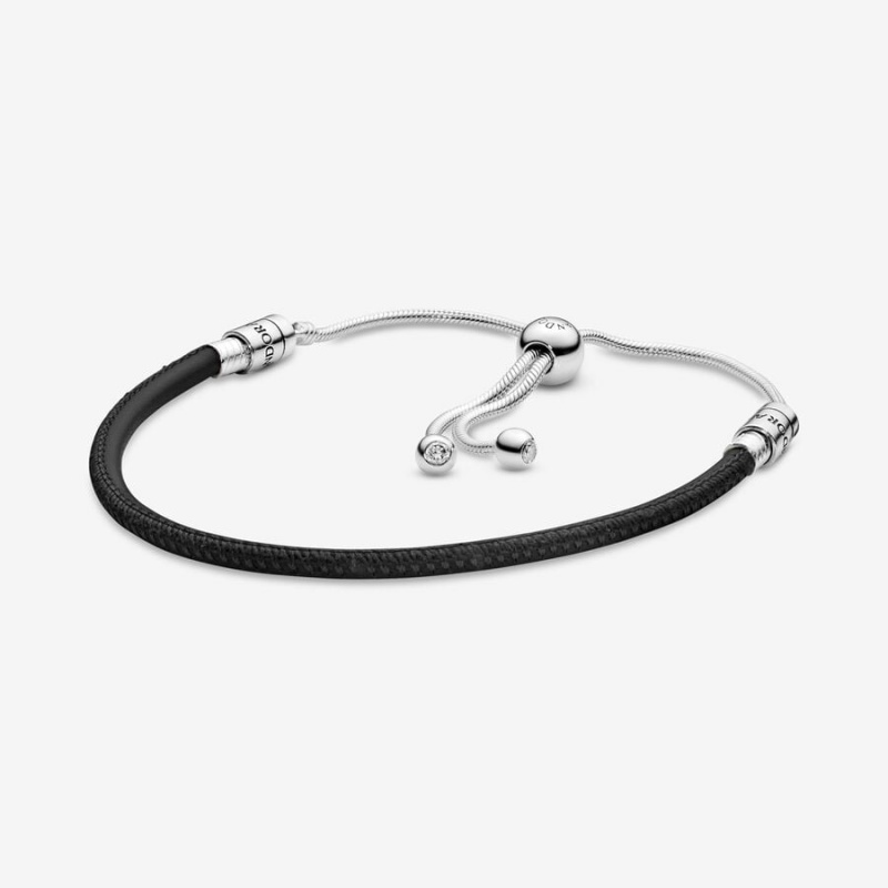 Pandora Moments Black Leder Slider Leather Bracelets Silber | NXQIKYH-10