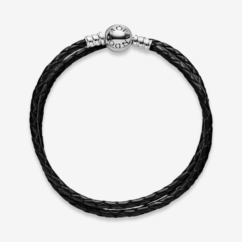 Pandora Moments Double Black Leder Charm Silber | ZMCORIA-70