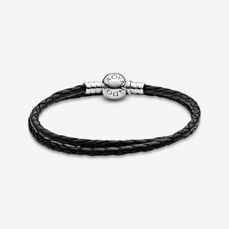 Pandora Moments Double Black Leder Charm Silber | ZMCORIA-70