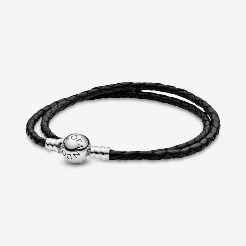 Pandora Moments Double Black Leder Charm Silber | ZMCORIA-70