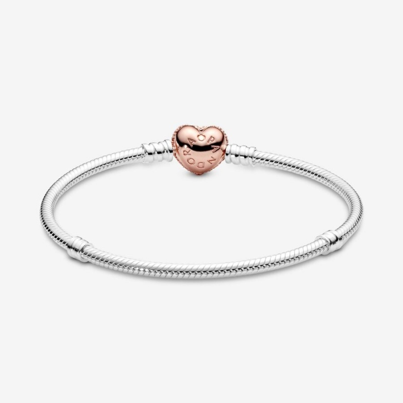 Pandora Moments Pavé Heart Clasp Snake Charm Holders Two-tone | KUBGTZA-48