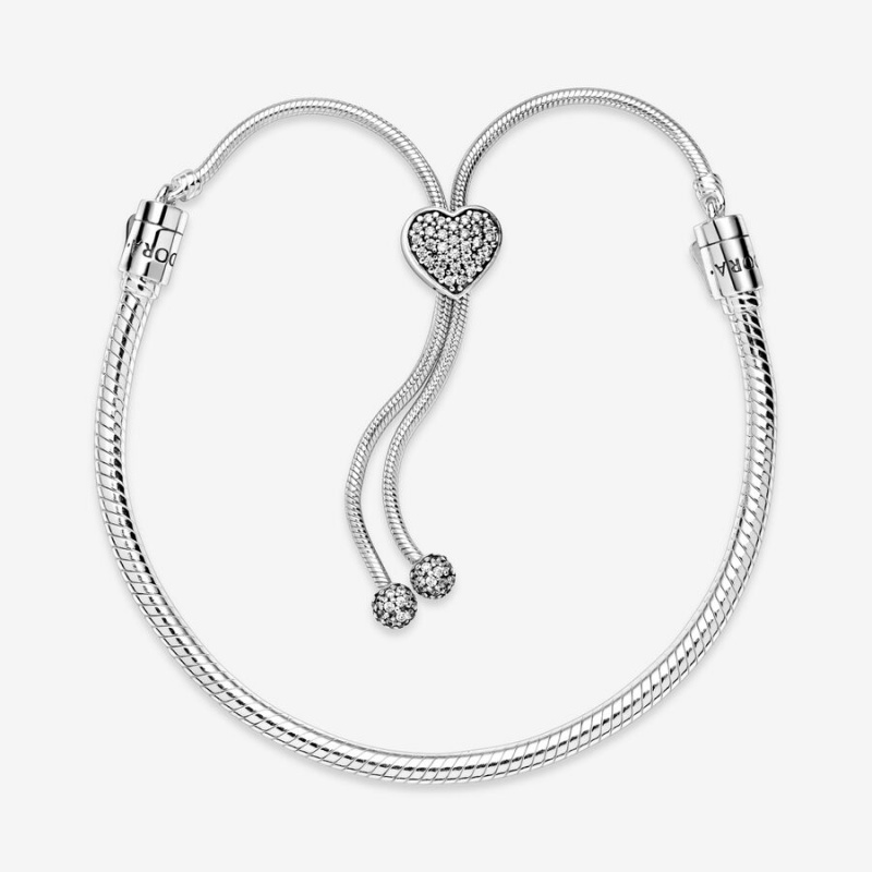 Pandora Moments Pavé Heart Clasp Snake Slider Charm Holders Silber | LHGYZMB-08