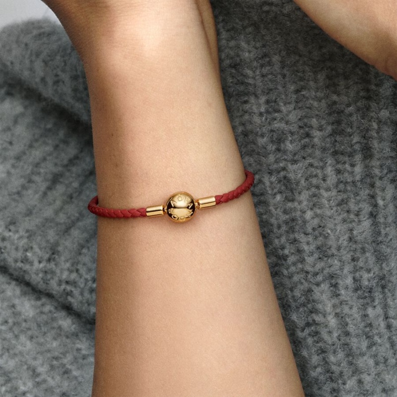 Pandora Moments Red Woven Leder Charm Gold | UFTRGED-45