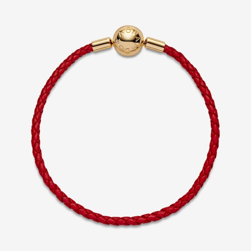 Pandora Moments Red Woven Leder Charm Gold | UFTRGED-45