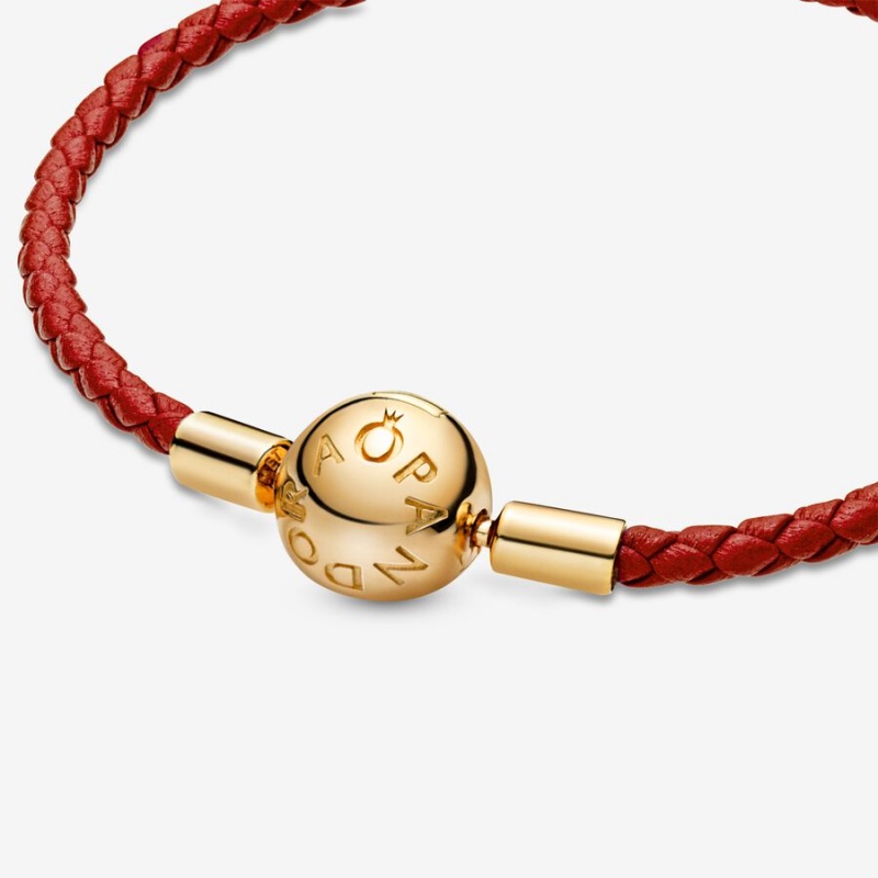 Pandora Moments Red Woven Leder Charm Gold | UFTRGED-45