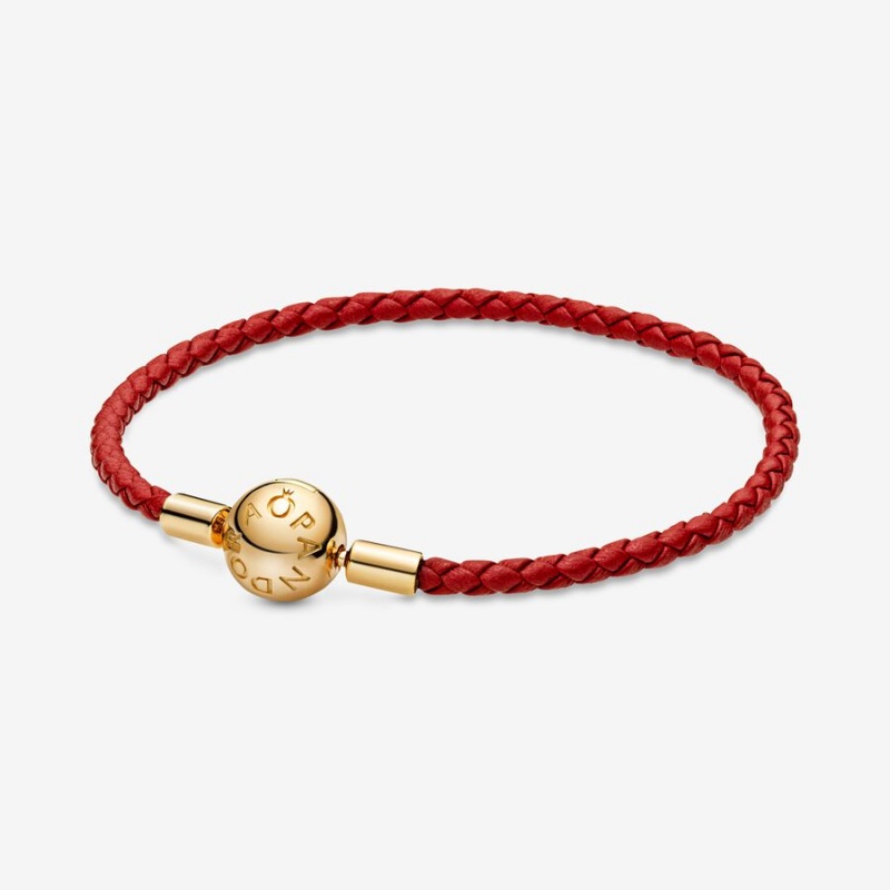 Pandora Moments Red Woven Leder Charm Gold | UFTRGED-45