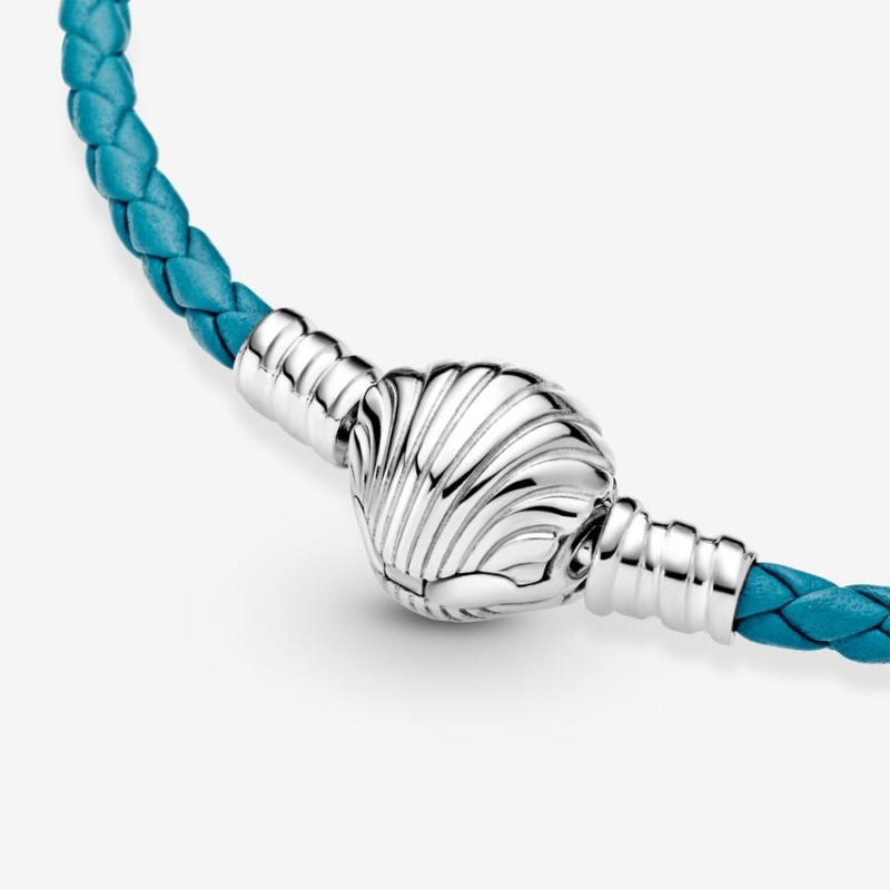 Pandora Moments Seashell Clasp Turquoise Braided Leder Charm Holders Silber | YTVNLMJ-72