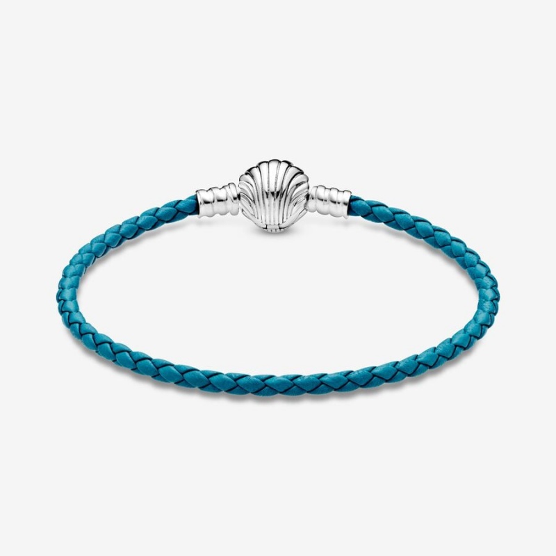 Pandora Moments Seashell Clasp Turquoise Braided Leather Bracelets Silber | YAFNOMU-57