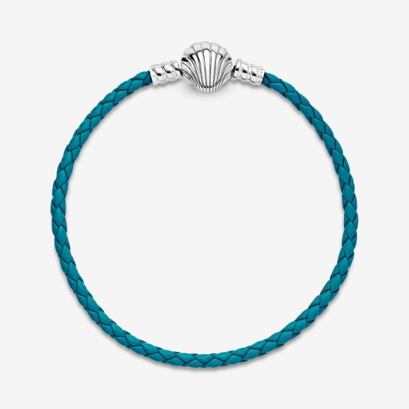 Pandora Moments Seashell Clasp Turquoise Braided Leather Bracelets Silber | YAFNOMU-57