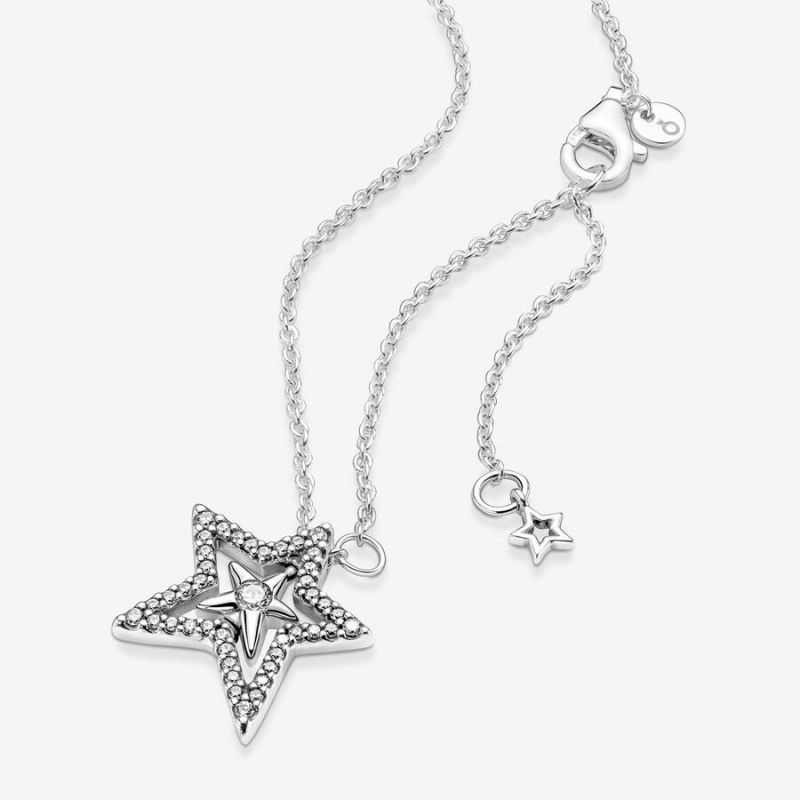 Pandora Pavé Asymmetric Star Collier Kette mit Anhänger Silber | LNOBWTI-40