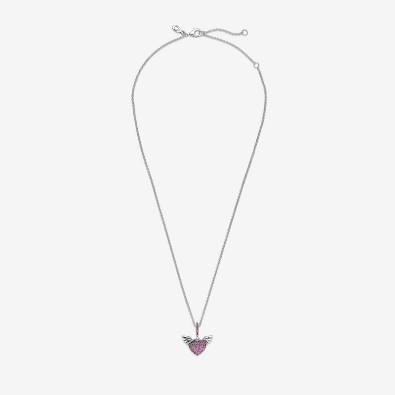 Pandora Pavé Heart & Angel Wings Kette mit Anhänger Silber | JTEKWBF-79