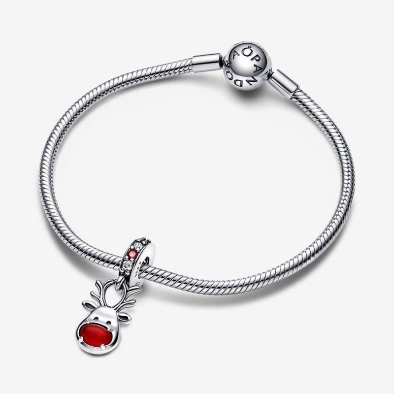 Pandora Red Nose Reindeer Murano Dangle Charm mit Anhänger Silber | EZAWLXU-07