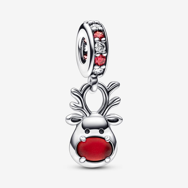 Pandora Red Nose Reindeer Murano Dangle Charm mit Anhänger Silber | EZAWLXU-07