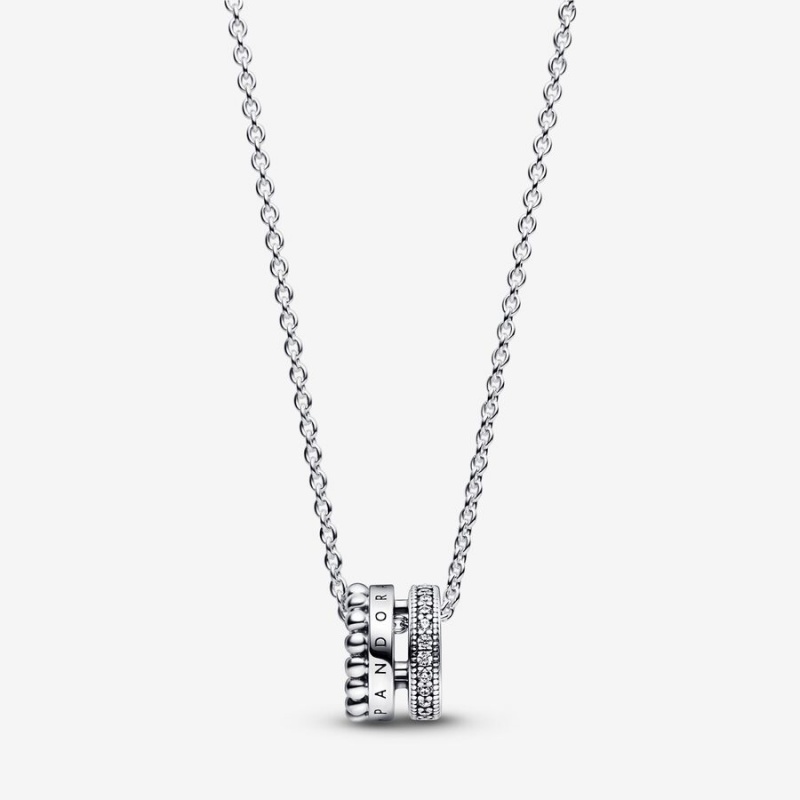 Pandora Signature Logo Pavé & Beads Kette mit Anhänger Silber | REZHLYW-89