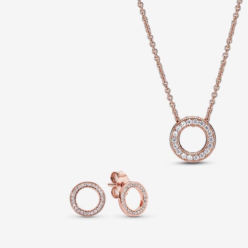 Pandora Sparkling Pave Circle Jewelry Gift Set Halsketten- Und Ohrring-sets Rosa Gold | DMLYUCH-64