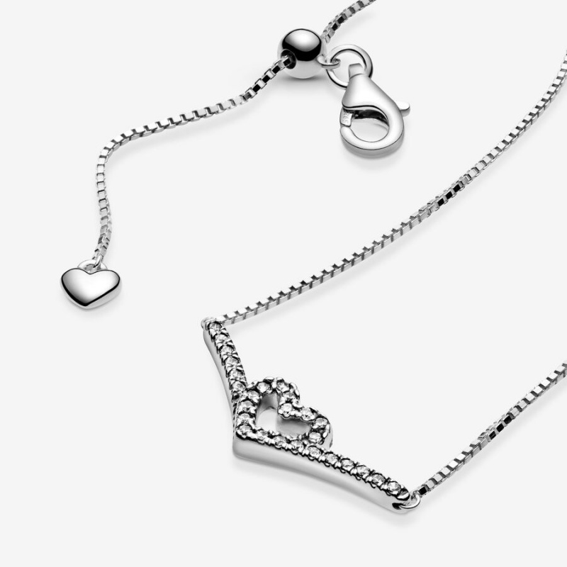 Pandora Sparkling Wishbone Heart Collier Kette mit Anhänger Silber | UQAWOKV-08