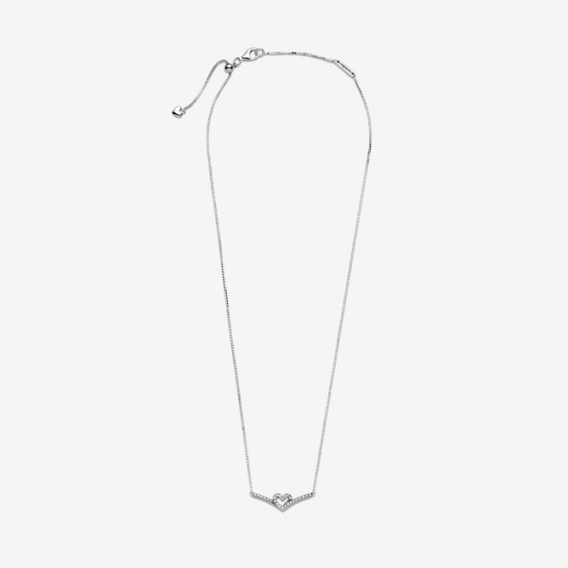 Pandora Sparkling Wishbone Heart Collier Kette mit Anhänger Silber | UQAWOKV-08