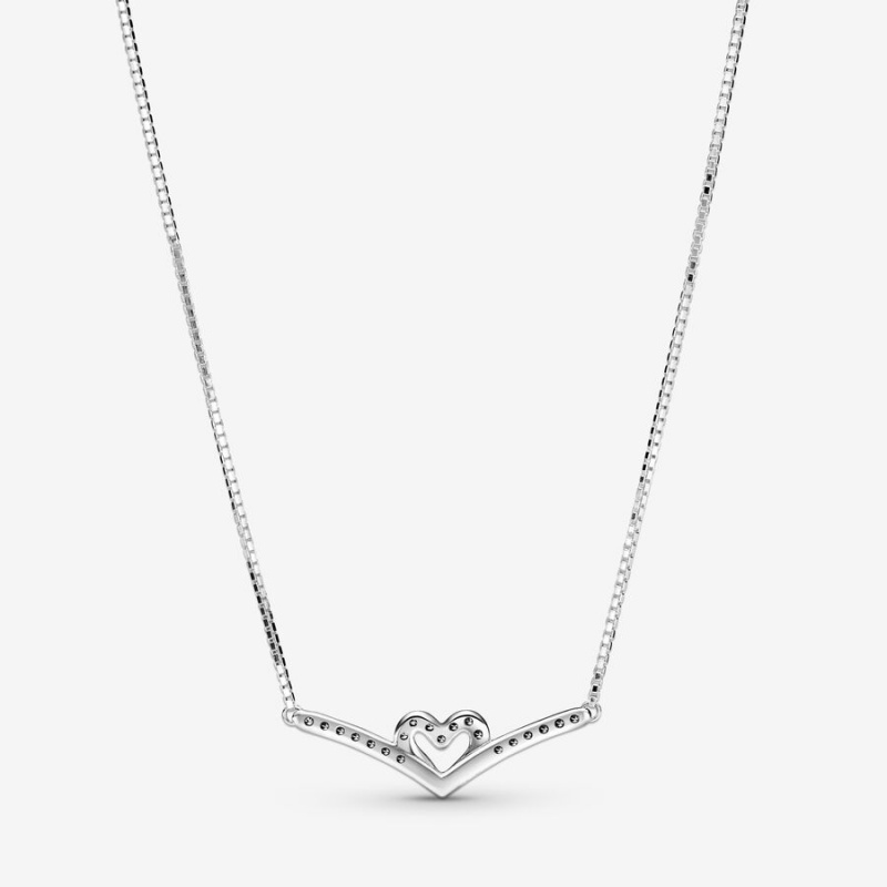 Pandora Sparkling Wishbone Heart Collier Kette mit Anhänger Silber | UQAWOKV-08