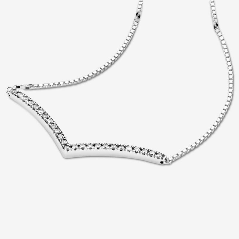 Pandora Sparkling Wishbone Kette mit Anhänger Silber | YDKMOET-85