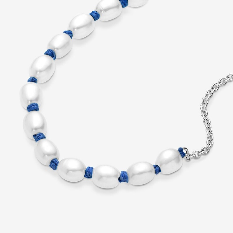 Pandora Treated Freshwater Cultured Pearl Blue Cord Nicht-charme Silber | PKQLRJU-65