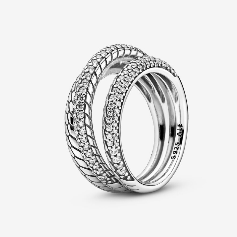 Pandora Triple Band Pavé Snake Chain Pattern Aussage Silber | HDP-510729